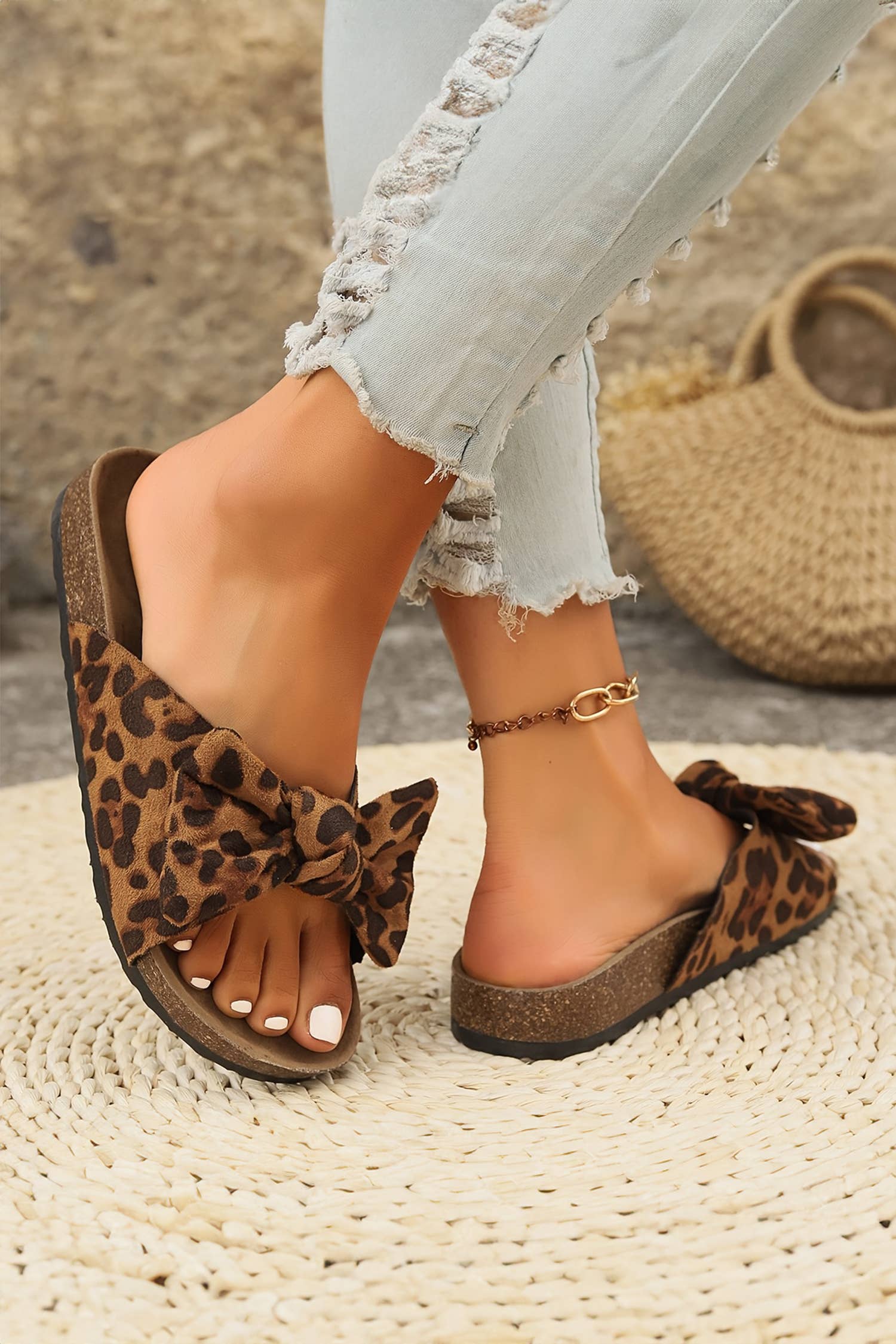 Leopard Bow Retro Cork Suede PU Slippers | 6-10