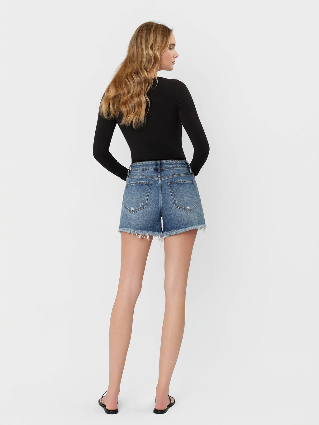 VERVET HIGH RISE FRAYED HEM A LINE DENIM SHORTS