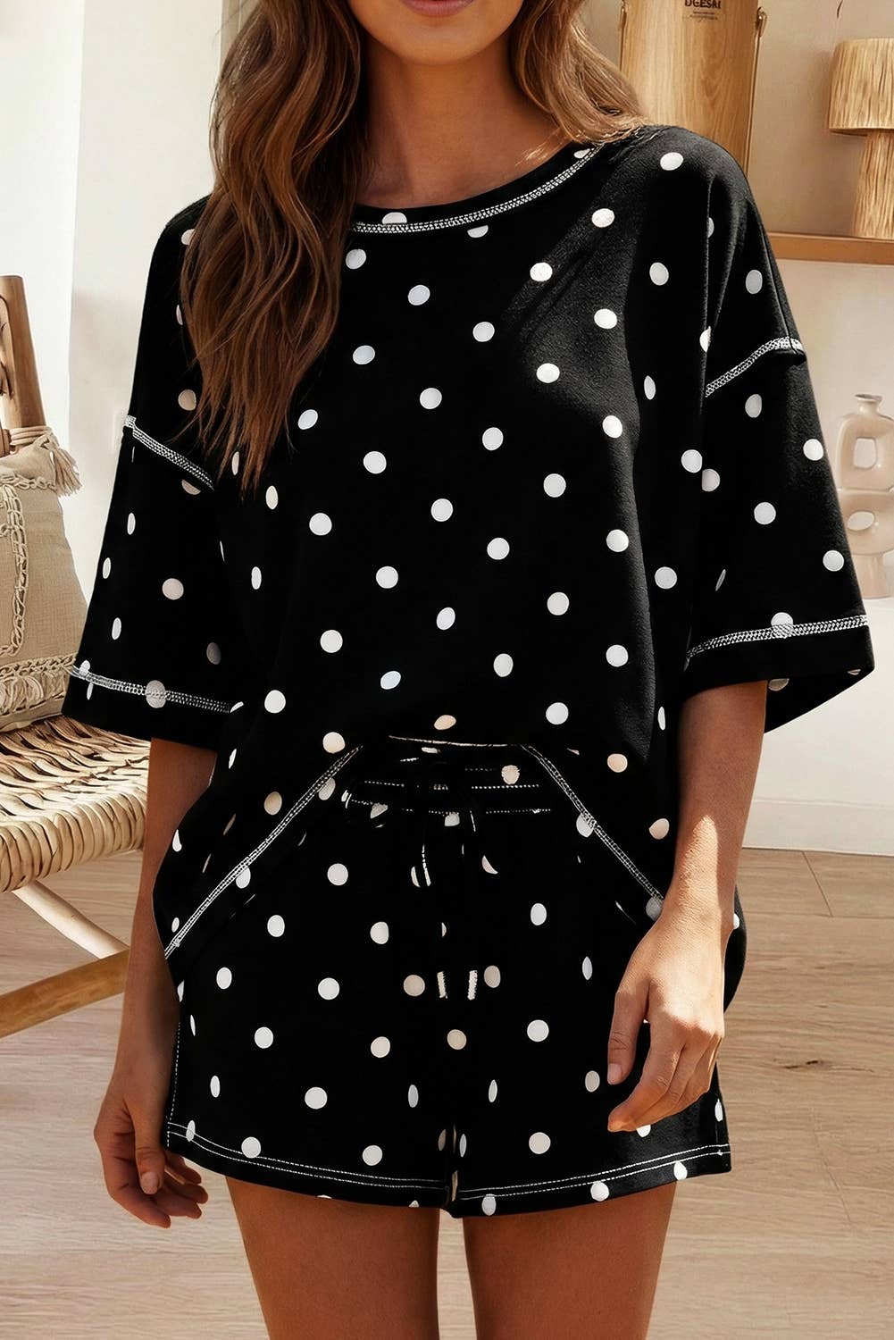 Exposed Seam Polka Dot Tee and Drawstring Shorts Set