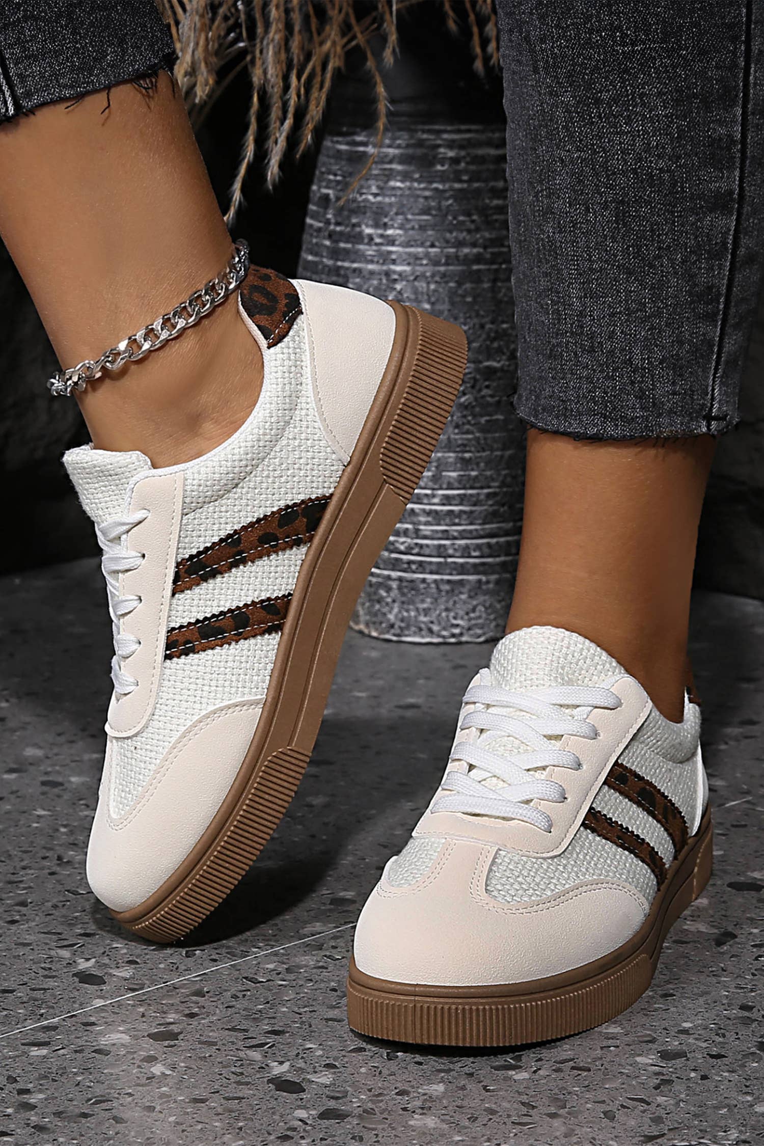 Textured Woven Leopard Patchwork Flat Sneaker