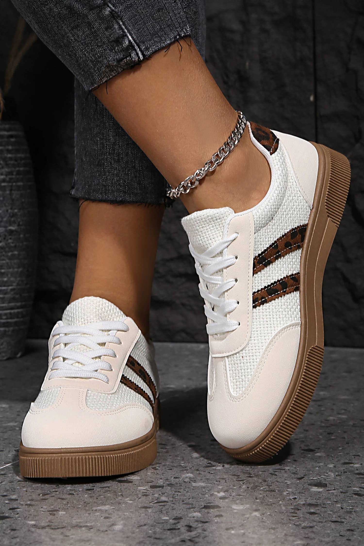 Textured Woven Leopard Patchwork Flat Sneaker